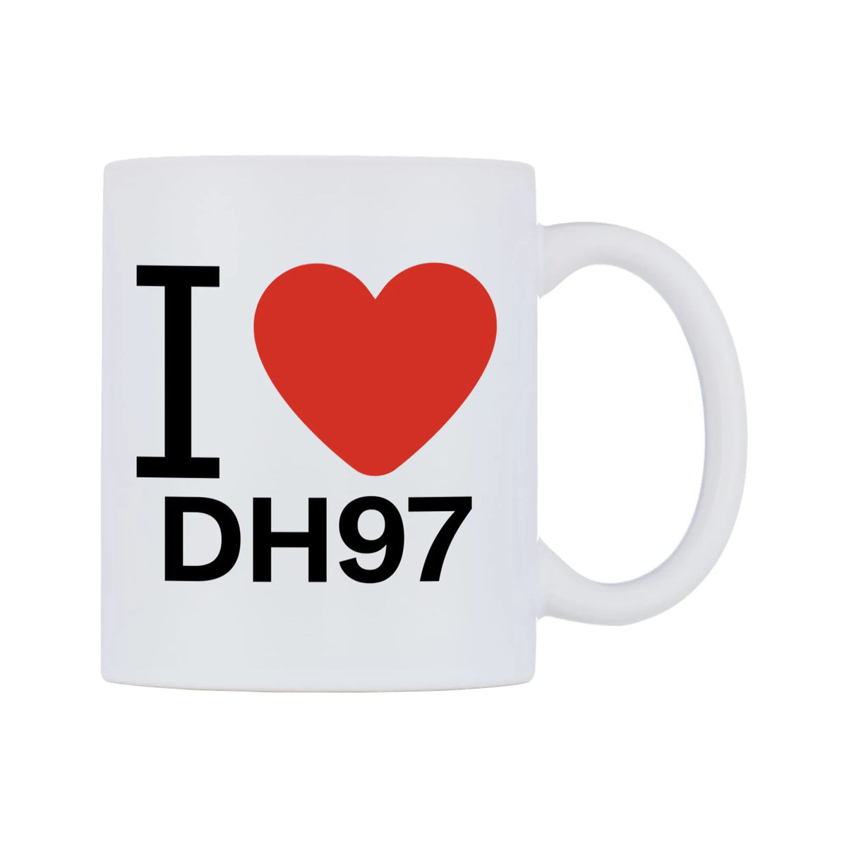 I Love DH97 Mug — white 11oz gloss mug, left side, on a white background
