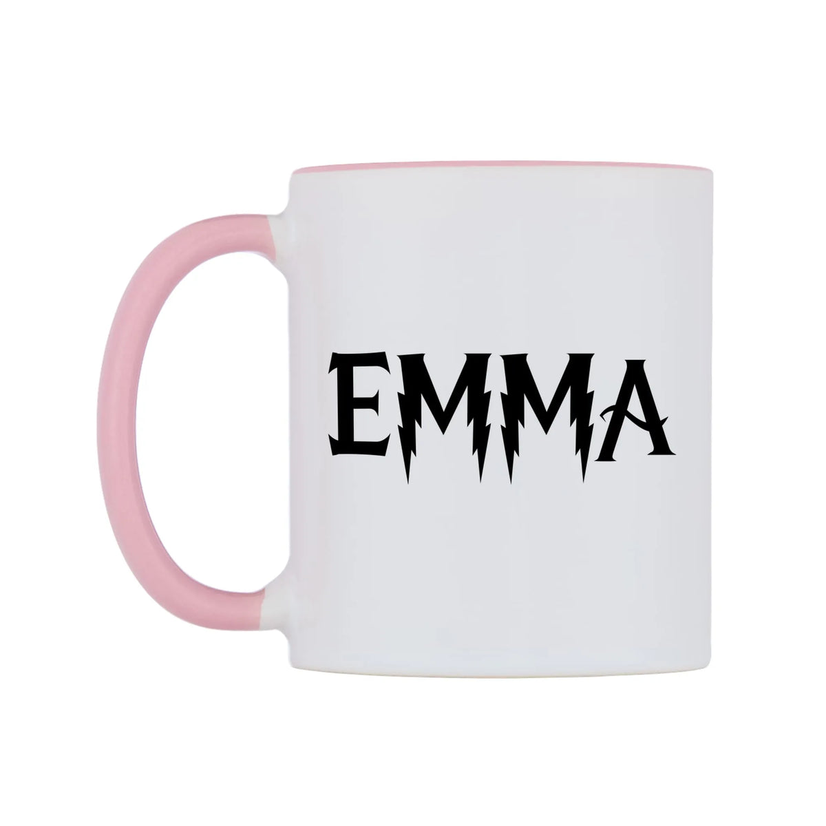 Emma - Wizard Themed Mug — white 11oz gloss mug with a pink inside and handle, right side, on a white background