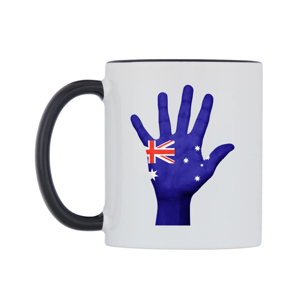 Australia Hand Flag Mug — white 11oz gloss mug with a black inside and handle, right side, on a white background