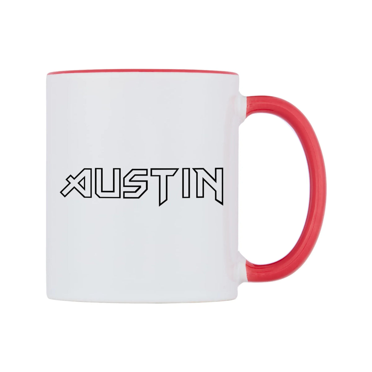 Austin - Iron Maiden Themed Mug — white 11oz gloss mug with a red inside and handle, left side, on a white background