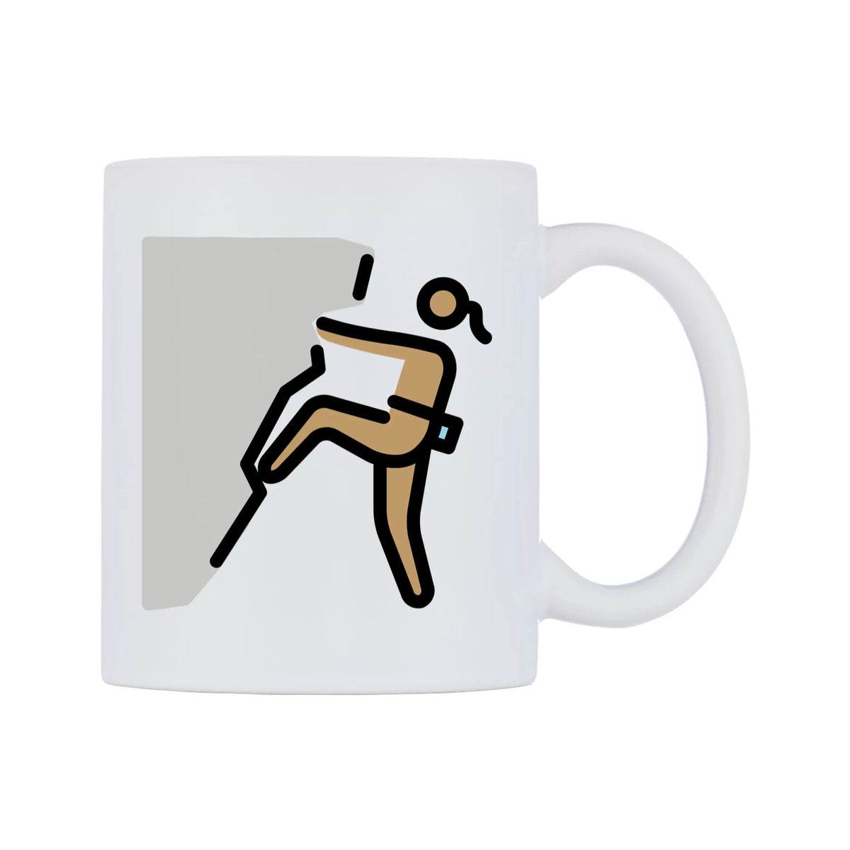 Female Climbing: Medium Skin Tone Emoji Mug — mug, left side, on a white background