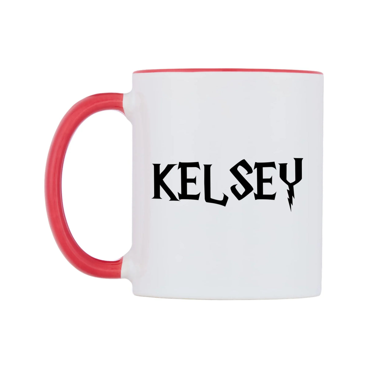 Kelsey - Wizard Themed Mug — white 11oz gloss mug with a red inside and handle, right side, on a white background