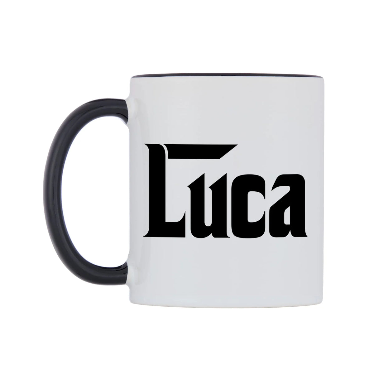 Luca - Godfather Themed Mug — white 11oz gloss mug with a black inside and handle, right side, on a white background