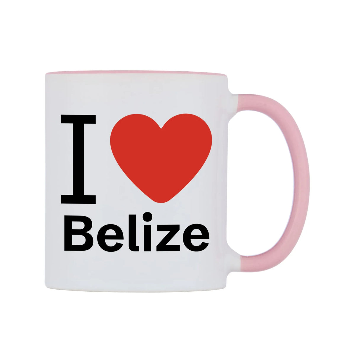 I Love Belize Mug — white 11oz gloss mug with a pink inside and handle, left side, on a white background