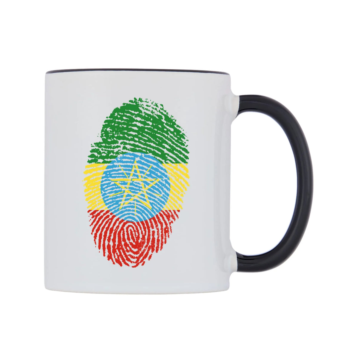 Ethiopia Finger Print Flag Mug — white 11oz gloss mug with a black inside and handle, left side, on a white background