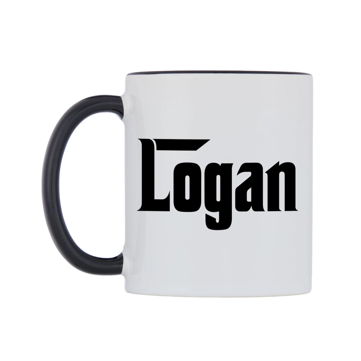 Logan - Godfather Themed Mug — white 11oz gloss mug with a black inside and handle, right side, on a white background