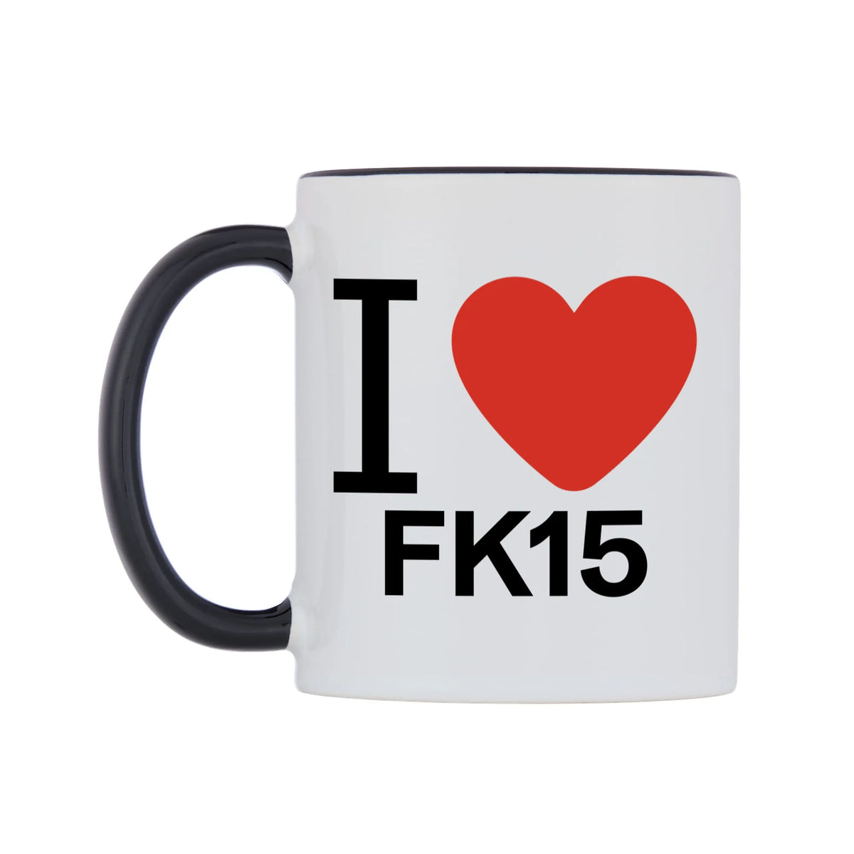 I Love FK15 Mug — white 11oz gloss mug with a black inside and handle, right side, on a white background
