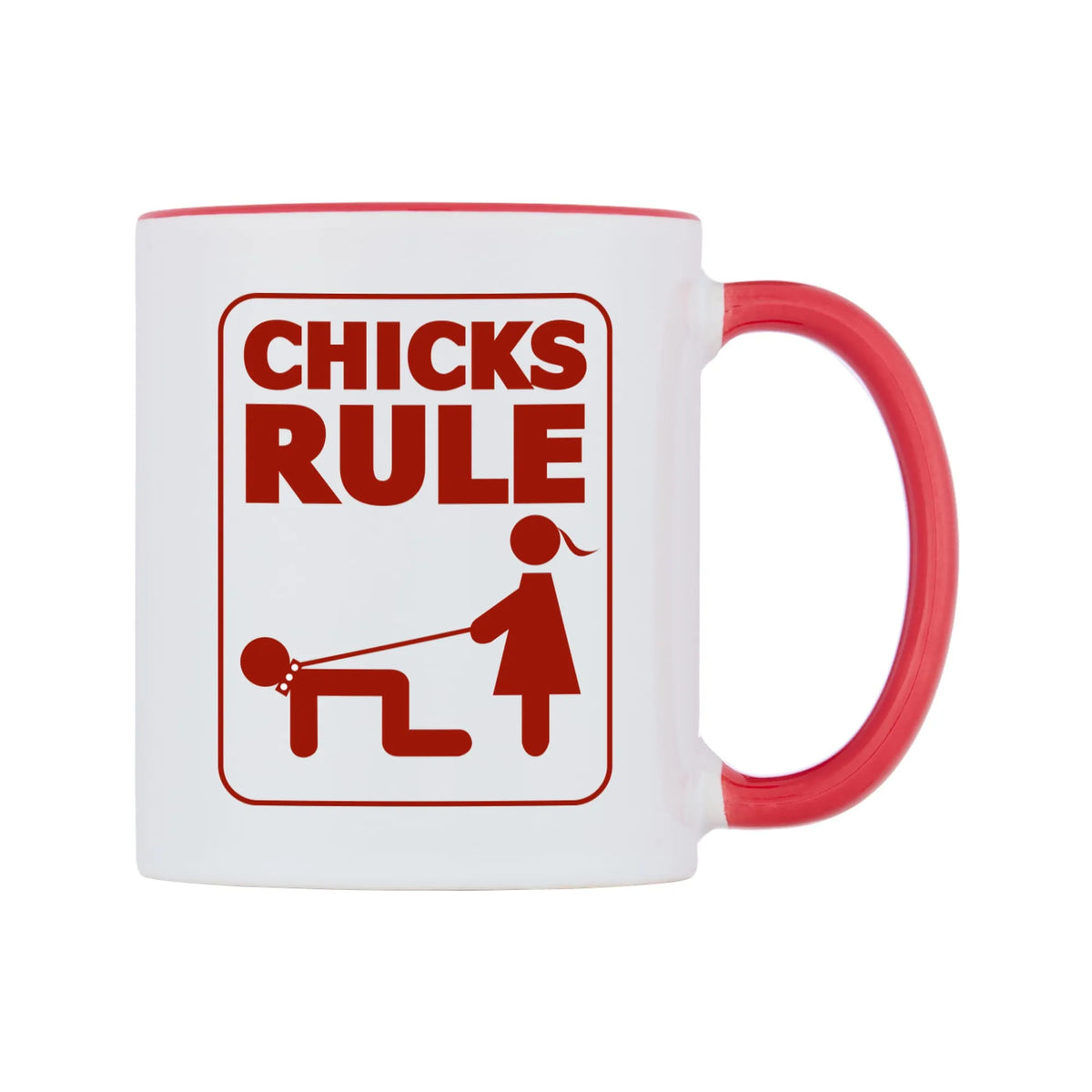 Chicks Rule Mug — white 11oz gloss mug with a red inside and handle, left side, on a white background