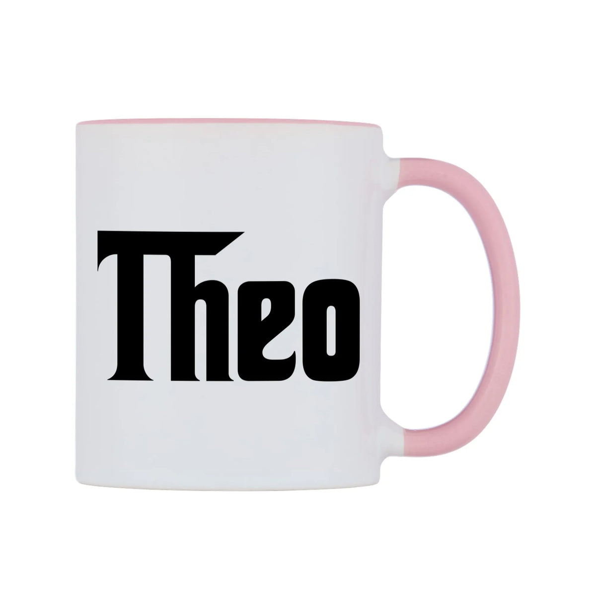 Theo - Godfather Themed Mug — white 11oz gloss mug with a pink inside and handle, left side, on a white background