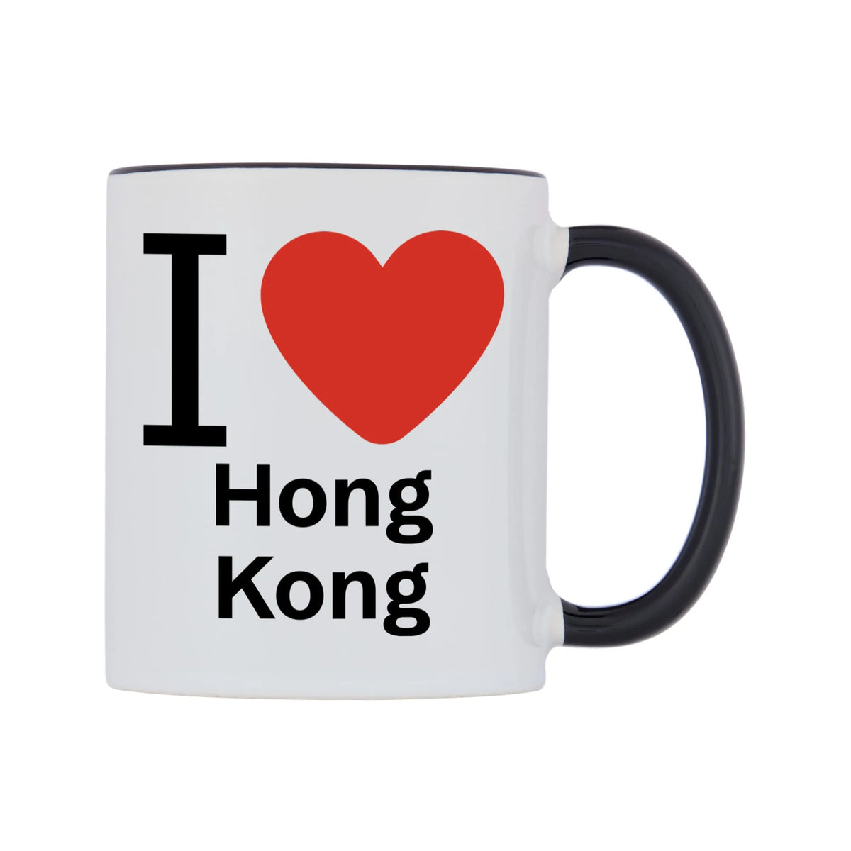 I Love Hong Kong Mug — white 11oz gloss mug with a black inside and handle, left side, on a white background