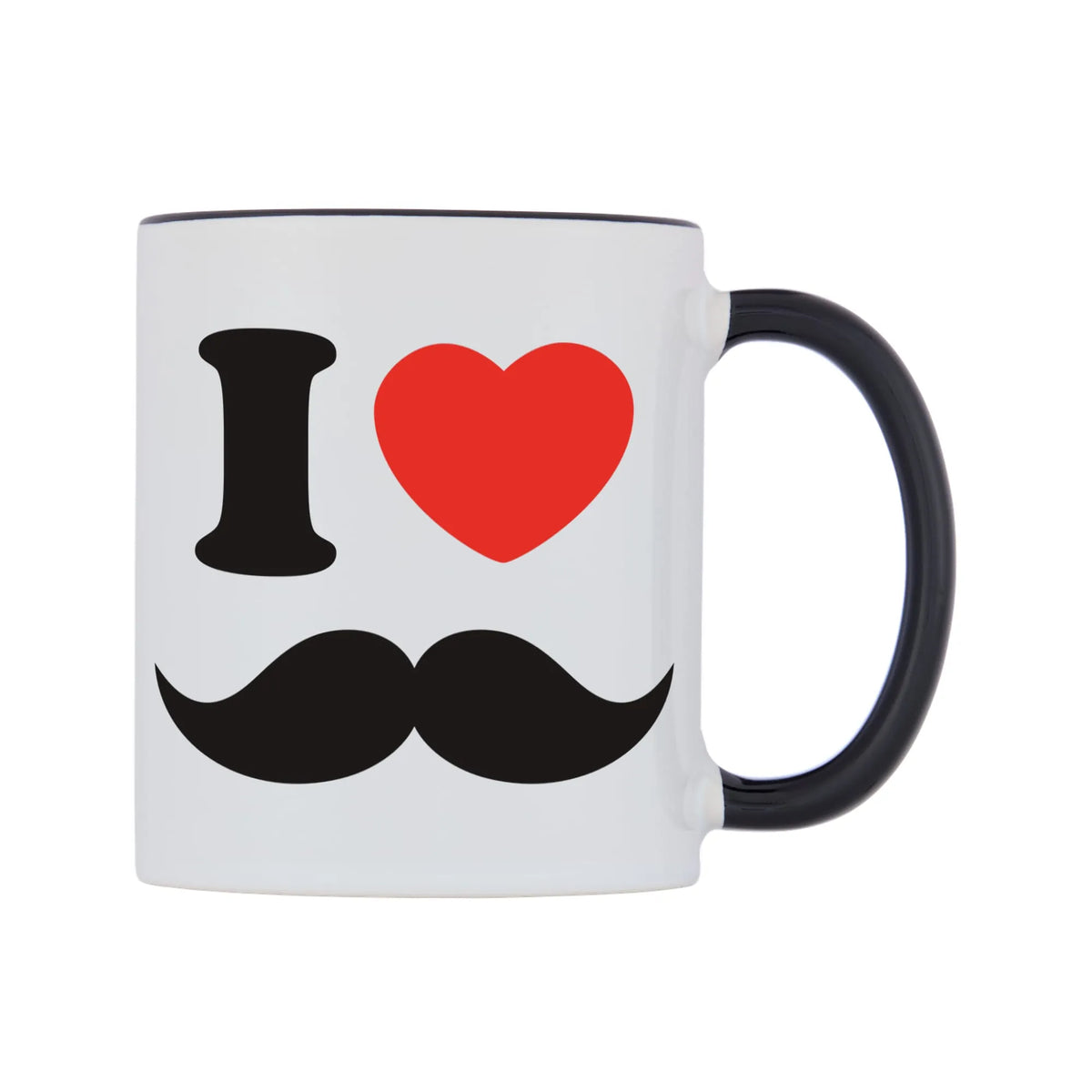 I Love Moustaches Mug — white 11oz gloss mug with a black inside and handle, left side, on a white background