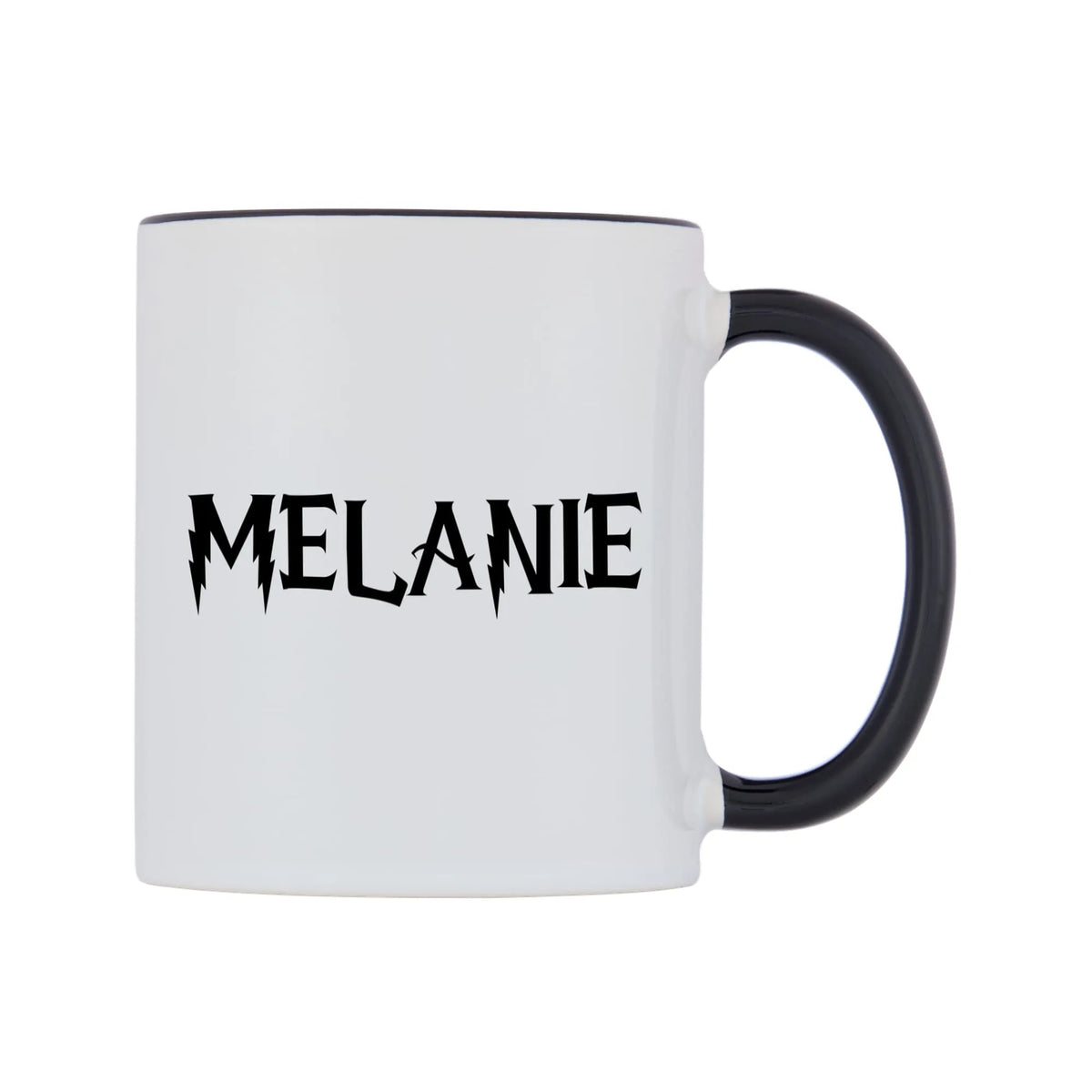 Melanie - Wizard Themed Mug — white 11oz gloss mug with a black inside and handle, left side, on a white background
