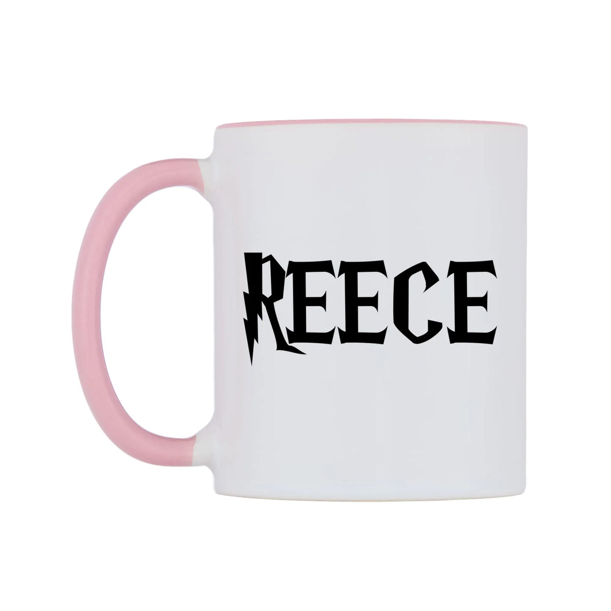 Reece - Wizard Themed Mug — white 11oz gloss mug with a pink inside and handle, right side, on a white background