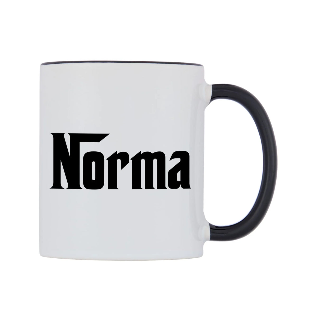 Norma - Godfather Themed Mug — white 11oz gloss mug with a black inside and handle, left side, on a white background