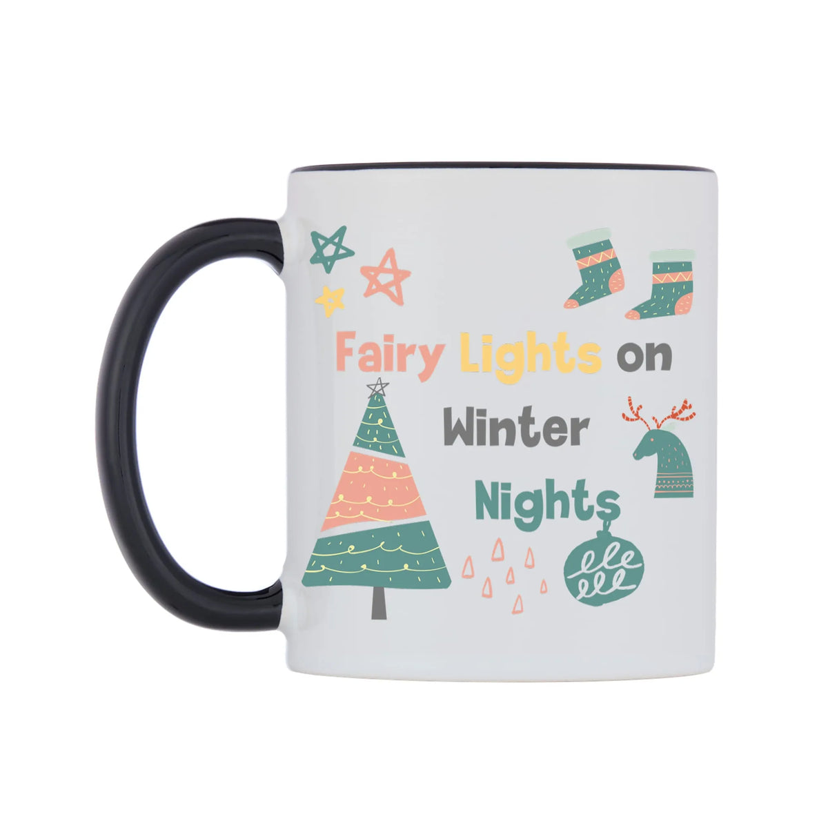 Fairy Lights on Winter Nights Mug — white 11oz gloss mug with a black inside and handle, right side, on a white background