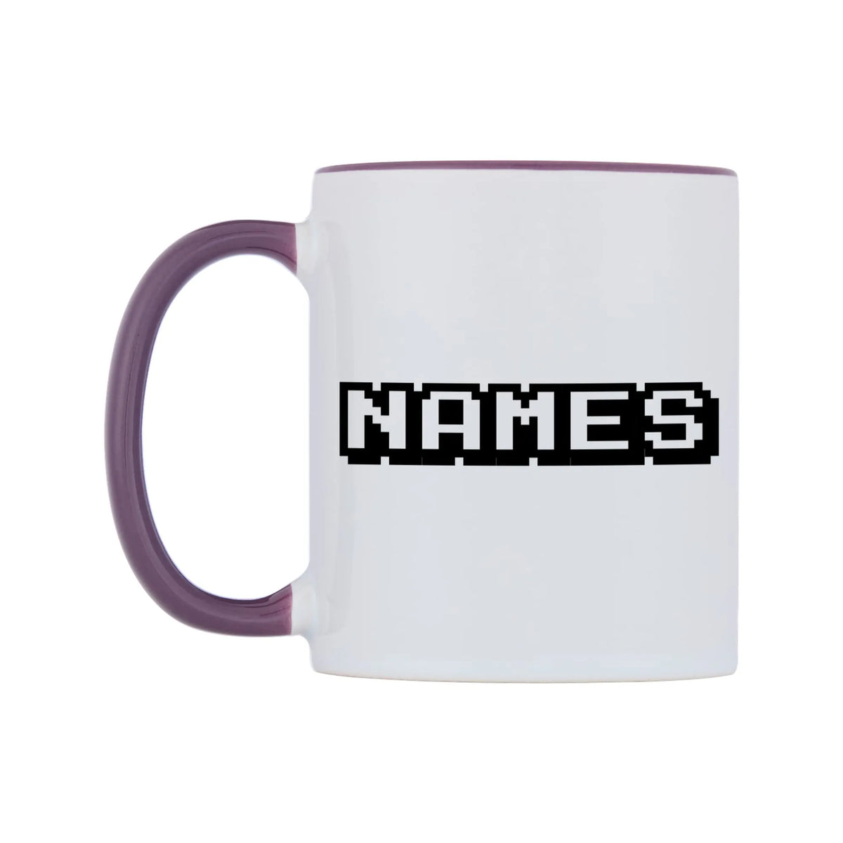 Personalised Arcade Themed Font Names Mug — white 11oz gloss mug with a purple inside and handle, right side, on a white background