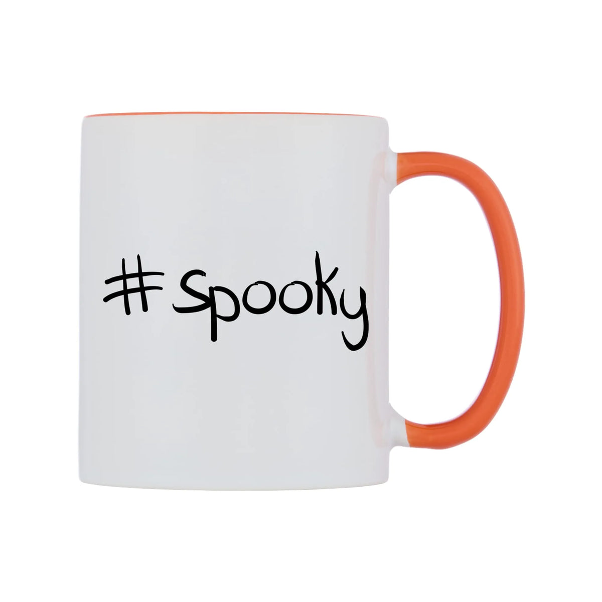 spooky Mug — white 11oz gloss mug with a orange inside and handle, left side, on a white background