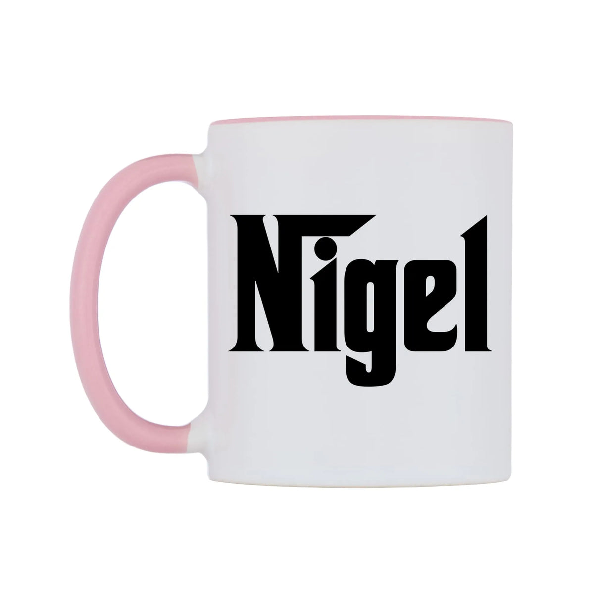Nigel - Godfather Themed Mug — white 11oz gloss mug with a pink inside and handle, right side, on a white background