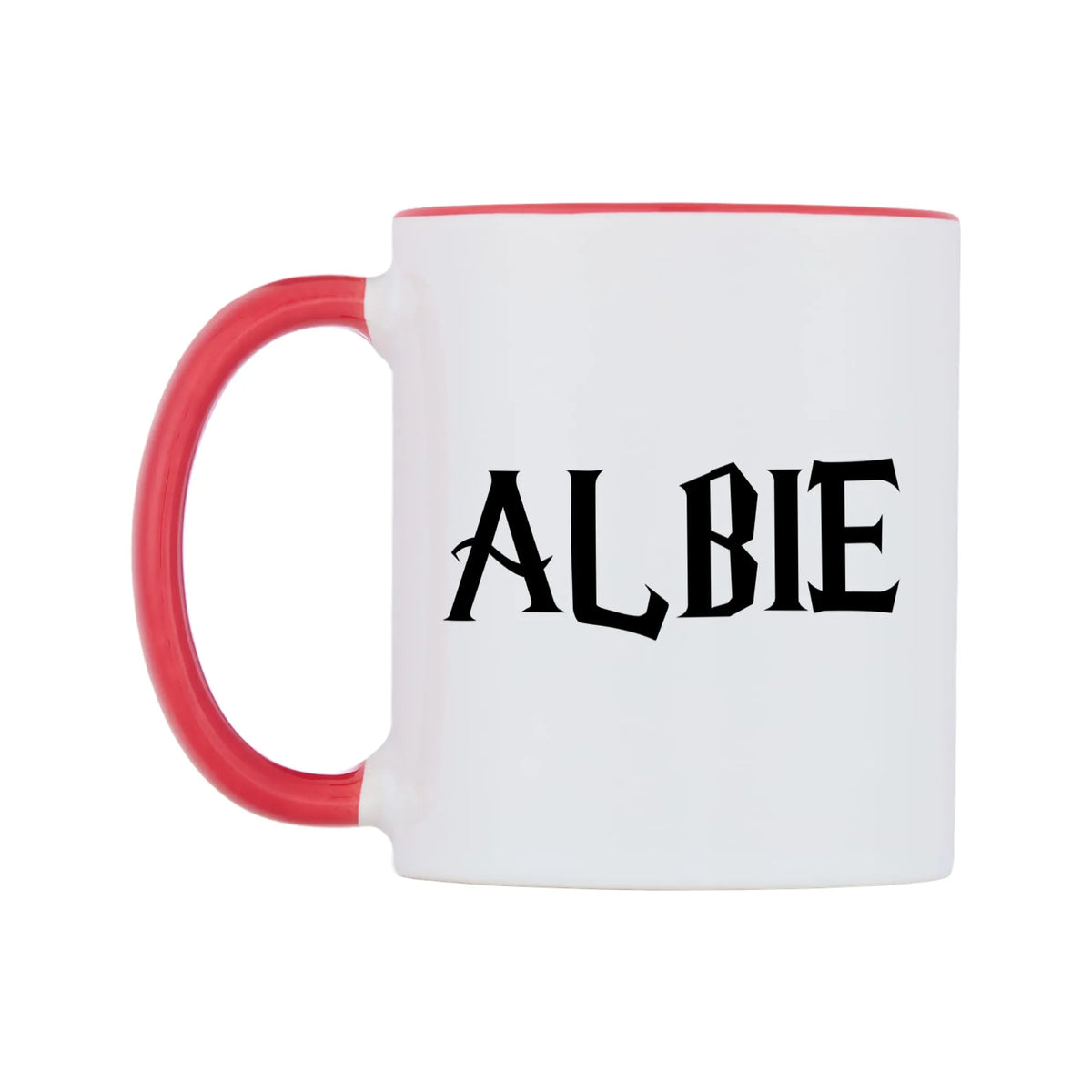 Albie - Wizard Themed Mug — white 11oz gloss mug with a red inside and handle, right side, on a white background