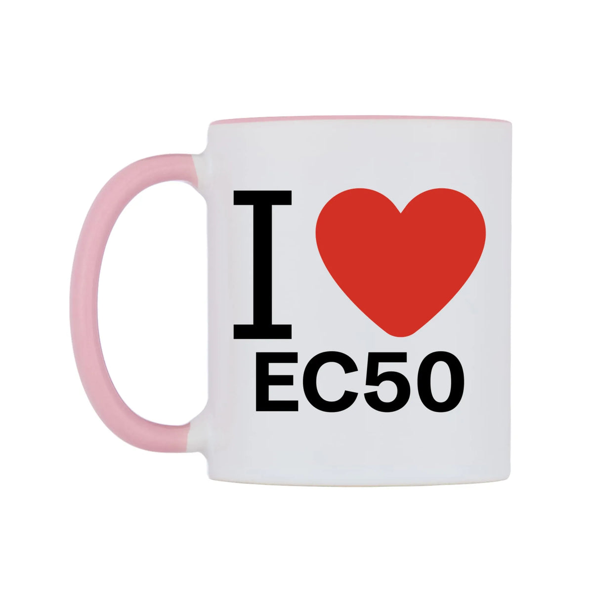I Love EC50 Mug — white 11oz gloss mug with a pink inside and handle, right side, on a white background