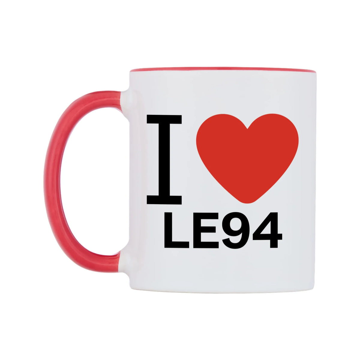 I Love LE94 Mug — white 11oz gloss mug with a red inside and handle, right side, on a white background