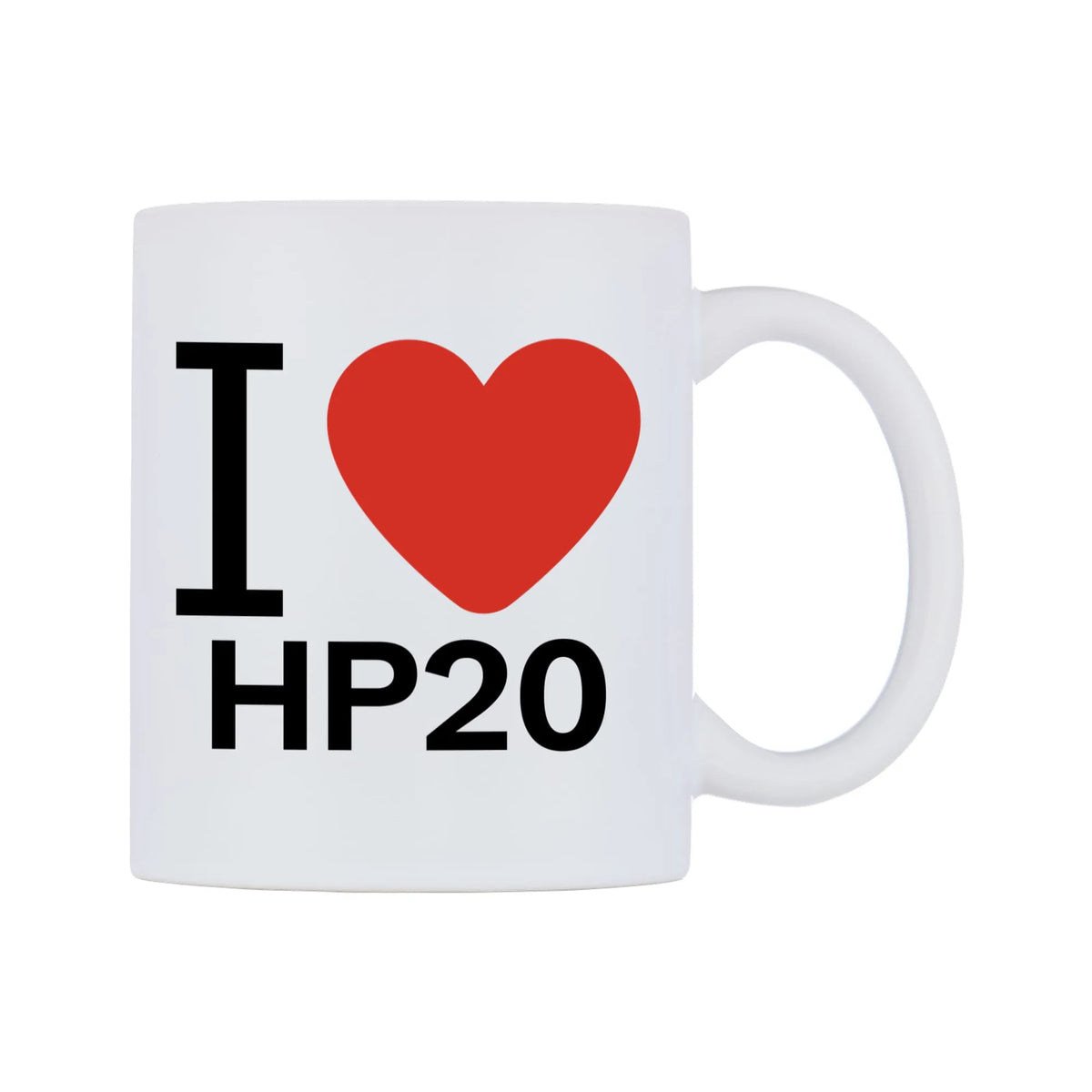 I Love HP20 Mug — white 11oz gloss mug, left side, on a white background