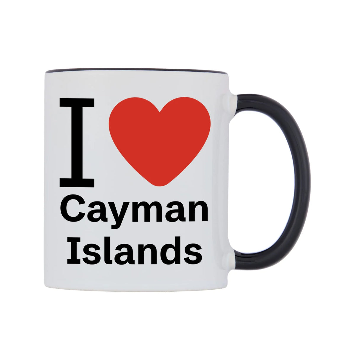 I Love Cayman Islands Mug — white 11oz gloss mug with a black inside and handle, left side, on a white background