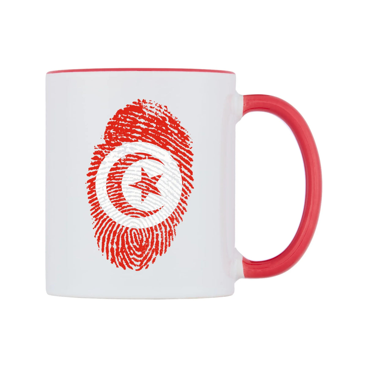 Tunisia Finger Print Flag Mug — white 11oz gloss mug with a red inside and handle, left side, on a white background