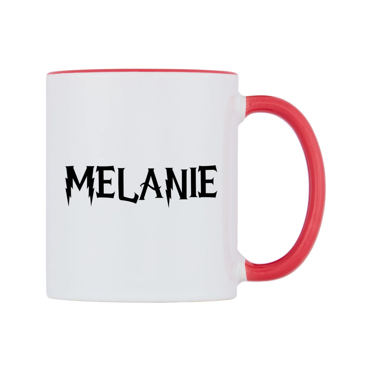 Melanie - Wizard Themed Mug — white 11oz gloss mug with a red inside and handle, left side, on a white background