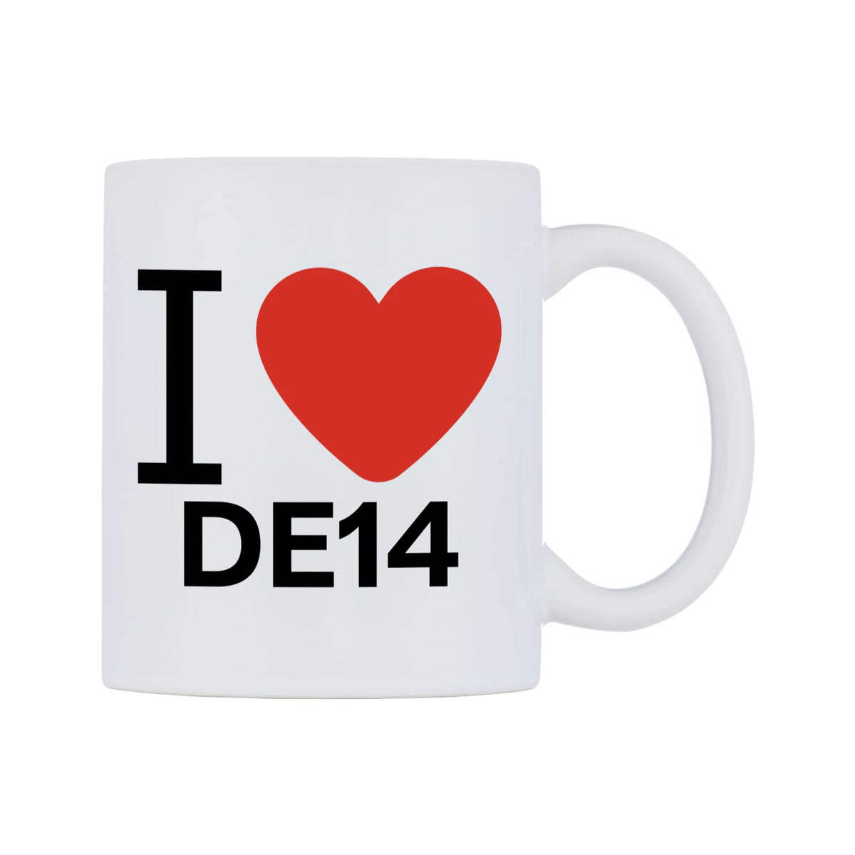I Love DE14 Mug — white 11oz gloss mug, left side, on a white background