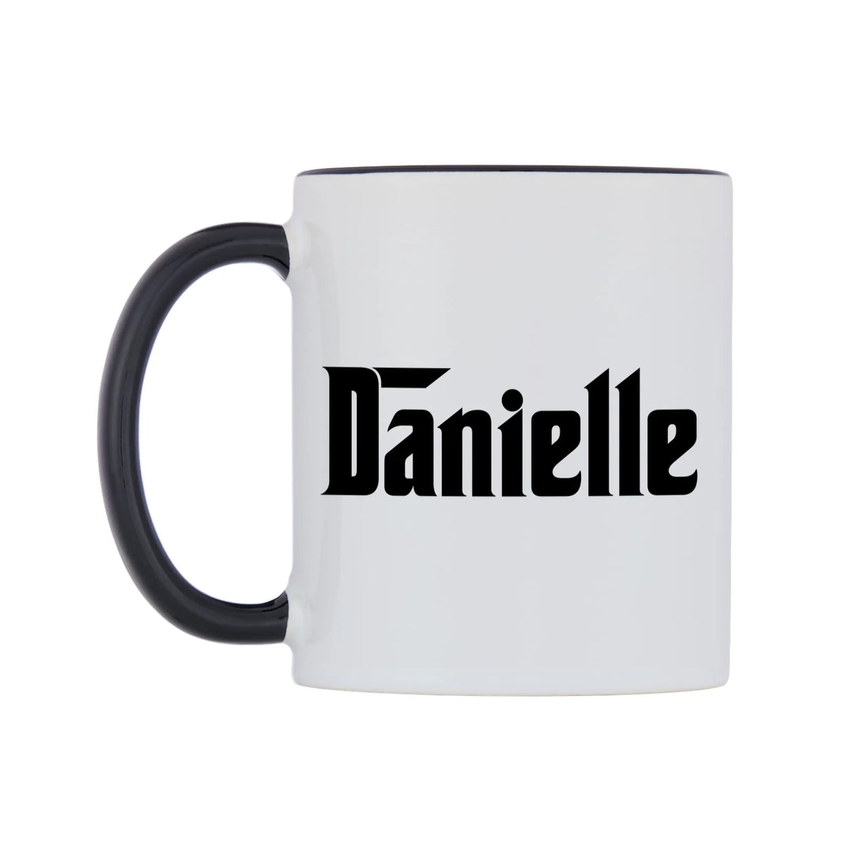 Danielle - Godfather Themed Mug — white 11oz gloss mug with a black inside and handle, right side, on a white background