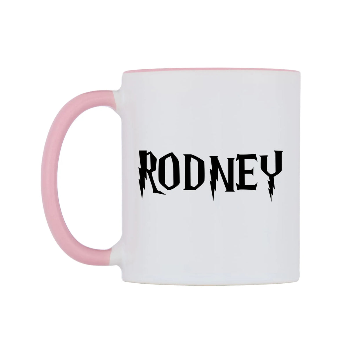 Rodney - Wizard Themed Mug — white 11oz gloss mug with a pink inside and handle, right side, on a white background