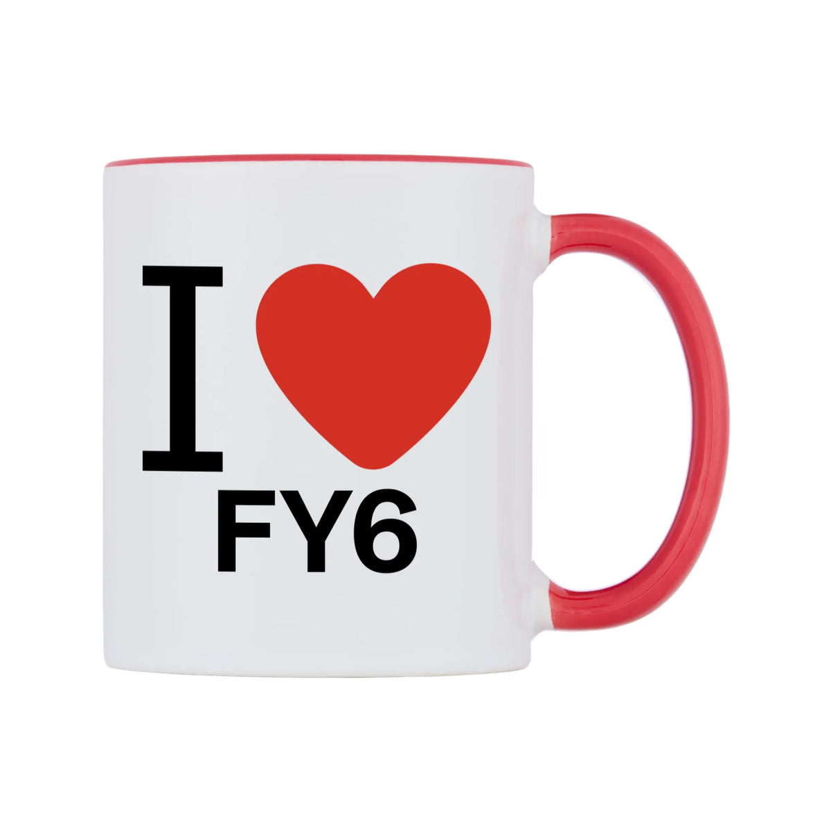 I Love FY6 Mug — white 11oz gloss mug with a red inside and handle, left side, on a white background