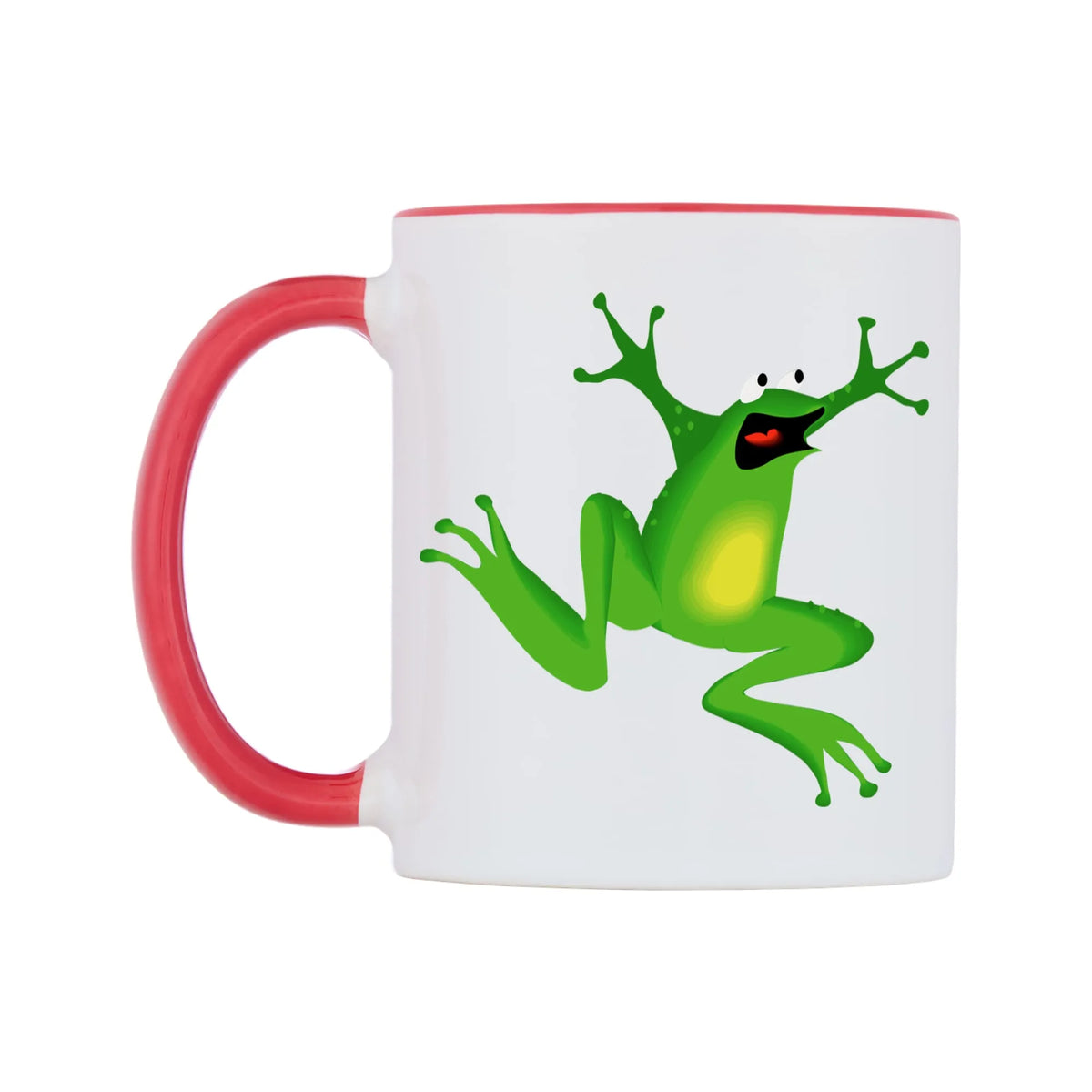Dancing Frog Mug — white 11oz gloss mug with a red inside and handle, right side, on a white background