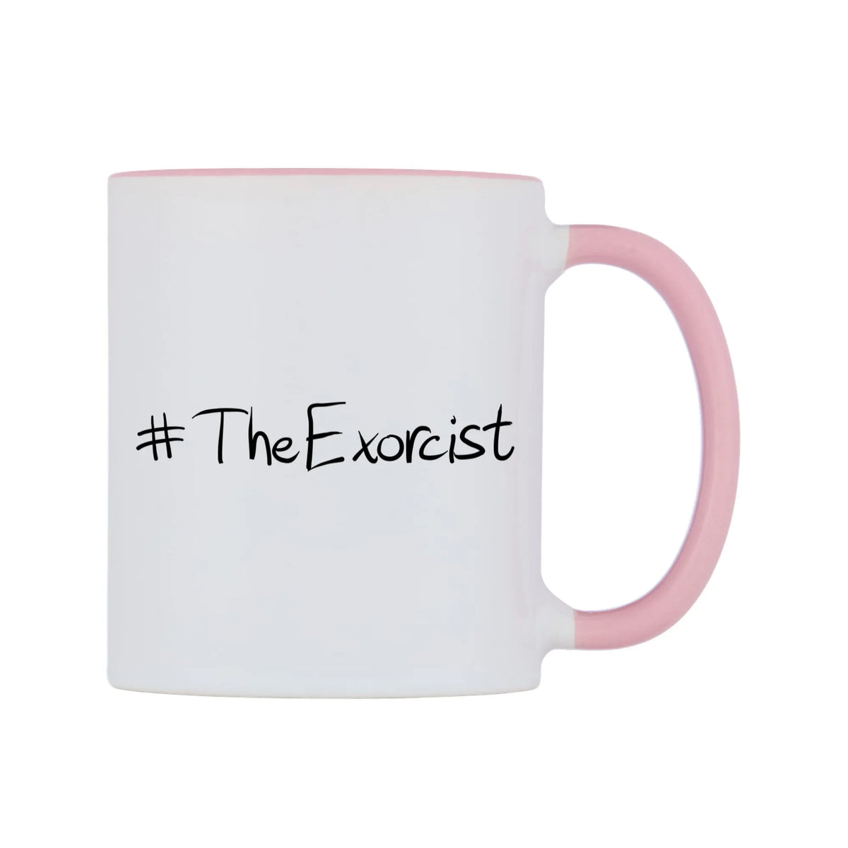 TheExorcist Mug — white 11oz gloss mug with a pink inside and handle, left side, on a white background