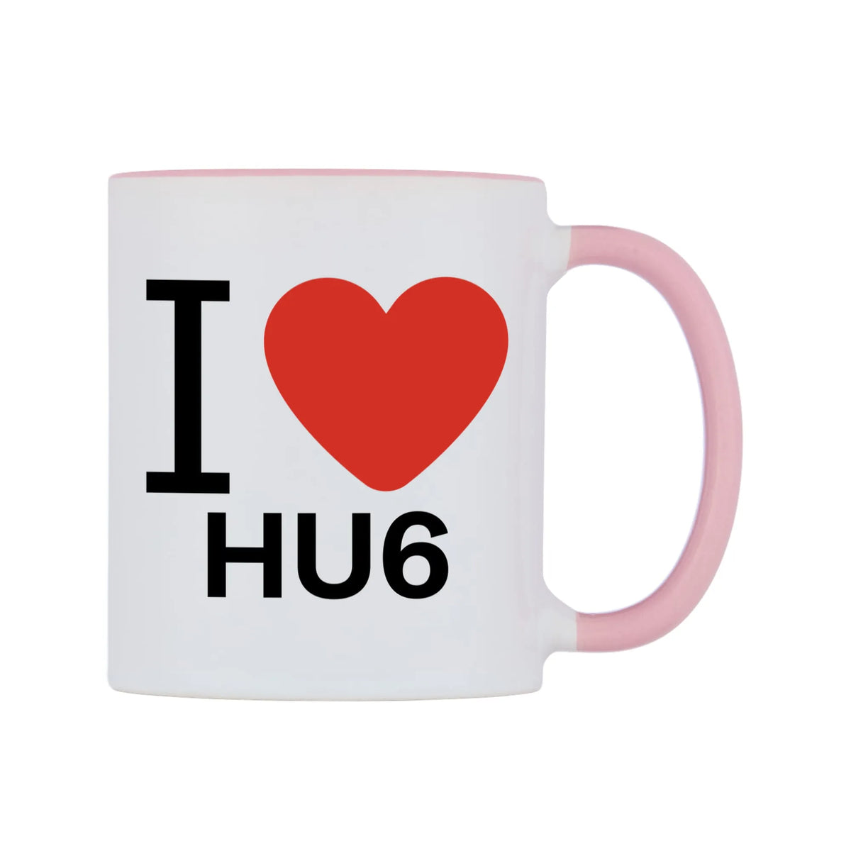I Love HU6 Mug — white 11oz gloss mug with a pink inside and handle, left side, on a white background