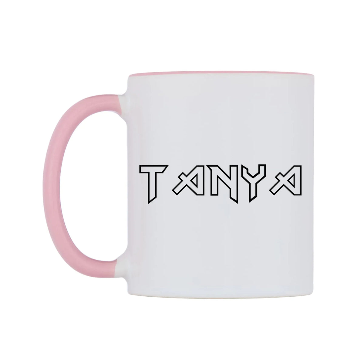 Tanya - Iron Maiden Themed Mug — white 11oz gloss mug with a pink inside and handle, right side, on a white background