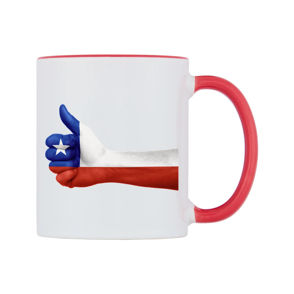 Chile Thumbs up Flag Mug — white 11oz gloss mug with a red inside and handle, left side, on a white background