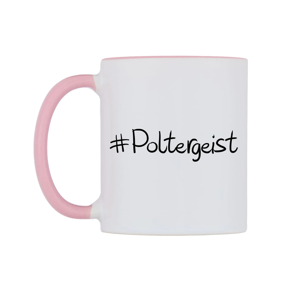 Poltergeist Mug — white 11oz gloss mug with a pink inside and handle, right side, on a white background