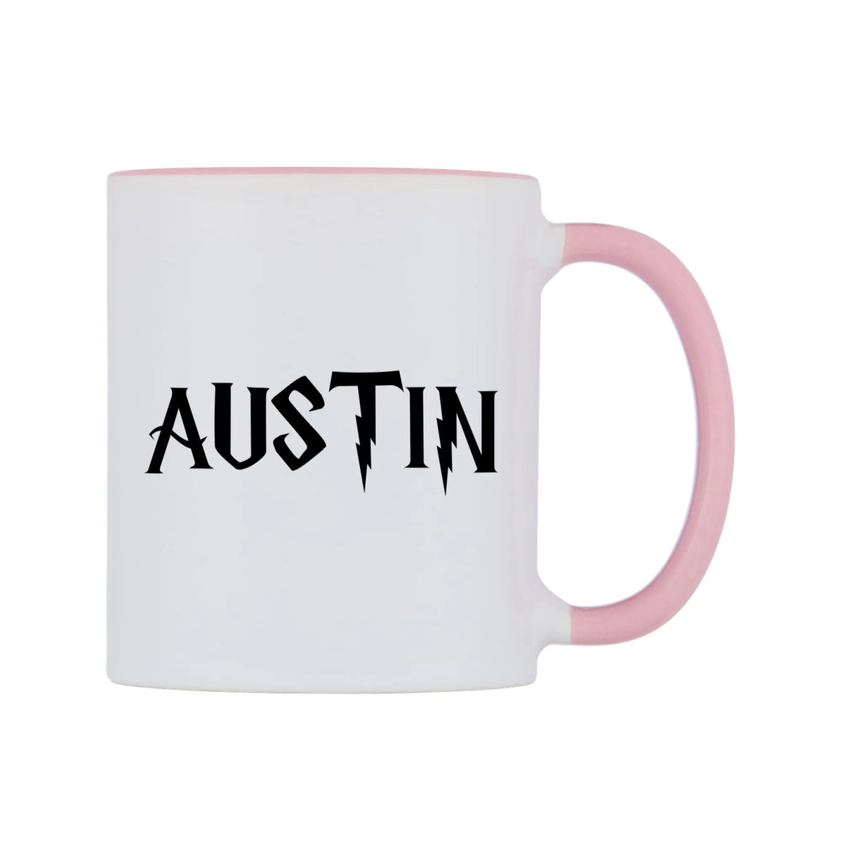 Austin - Wizard Themed Mug — white 11oz gloss mug with a pink inside and handle, left side, on a white background