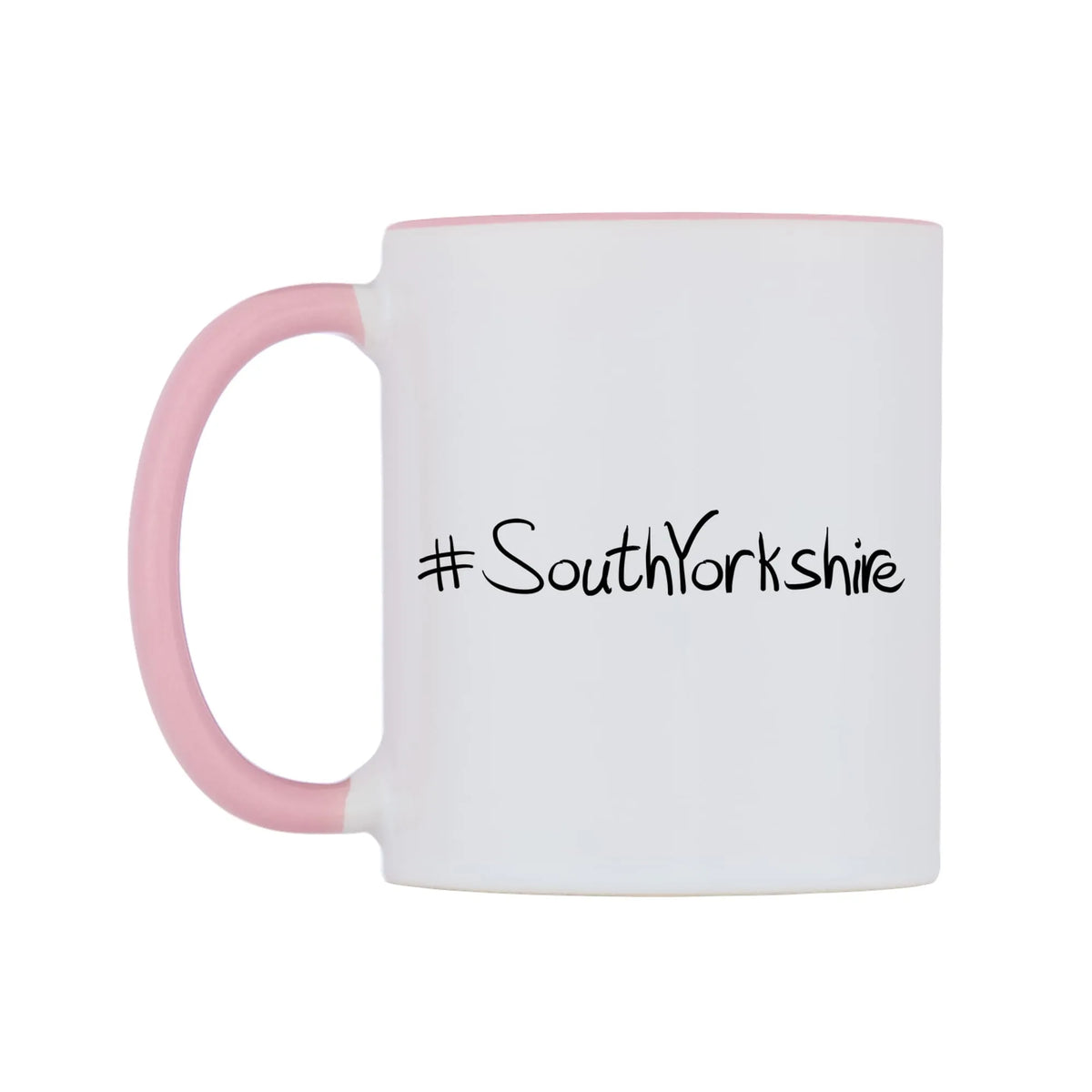 SouthYorkshire Mug — white 11oz gloss mug with a pink inside and handle, right side, on a white background