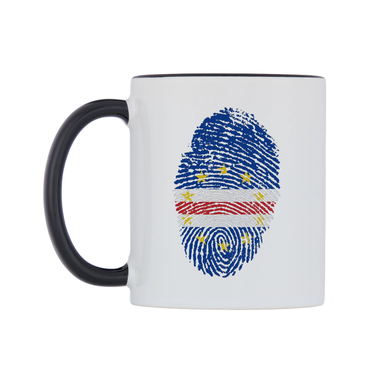 Cabo Verde Finger Print Flag Mug — white 11oz gloss mug with a black inside and handle, right side, on a white background