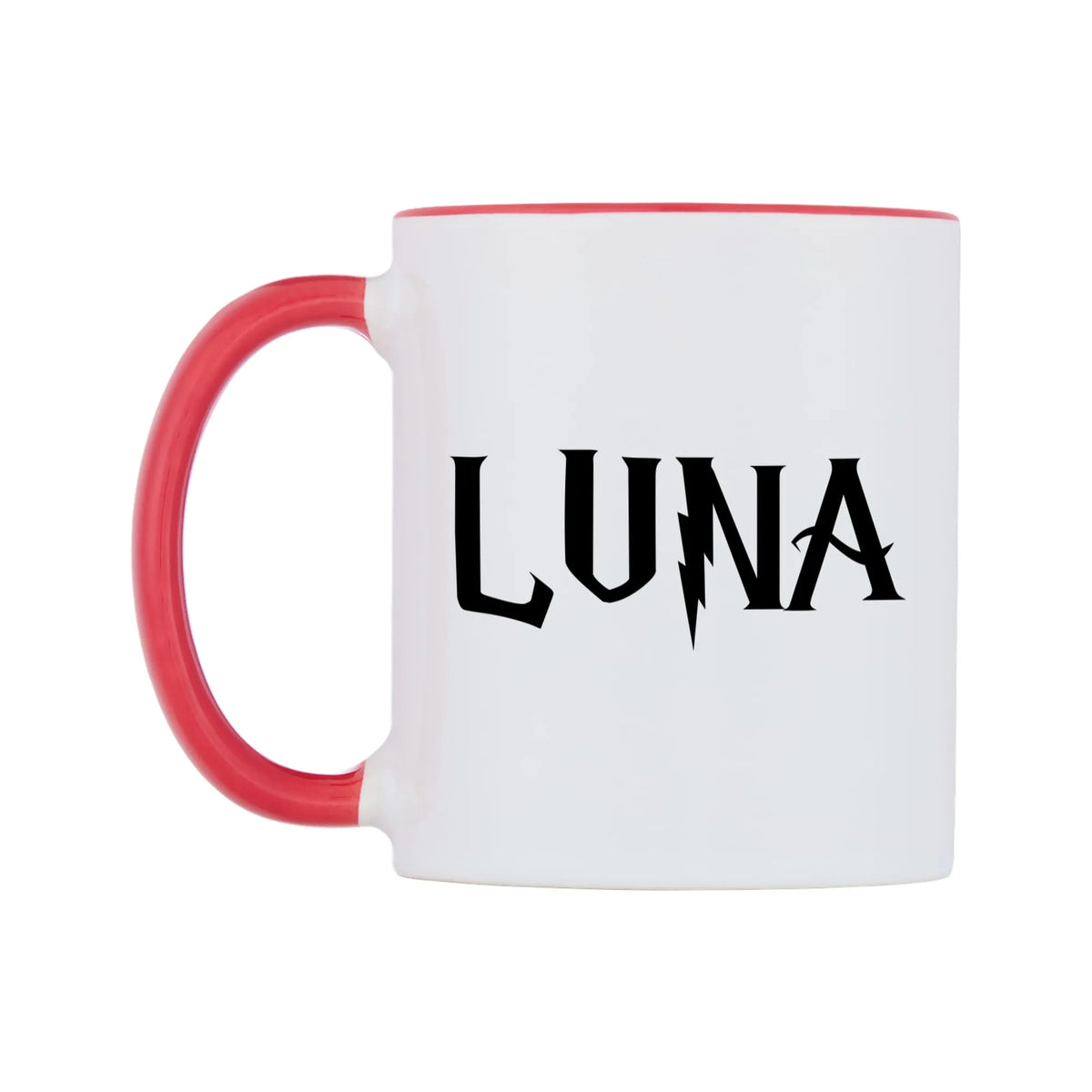 Luna - Wizard Themed Mug — white 11oz gloss mug with a red inside and handle, right side, on a white background