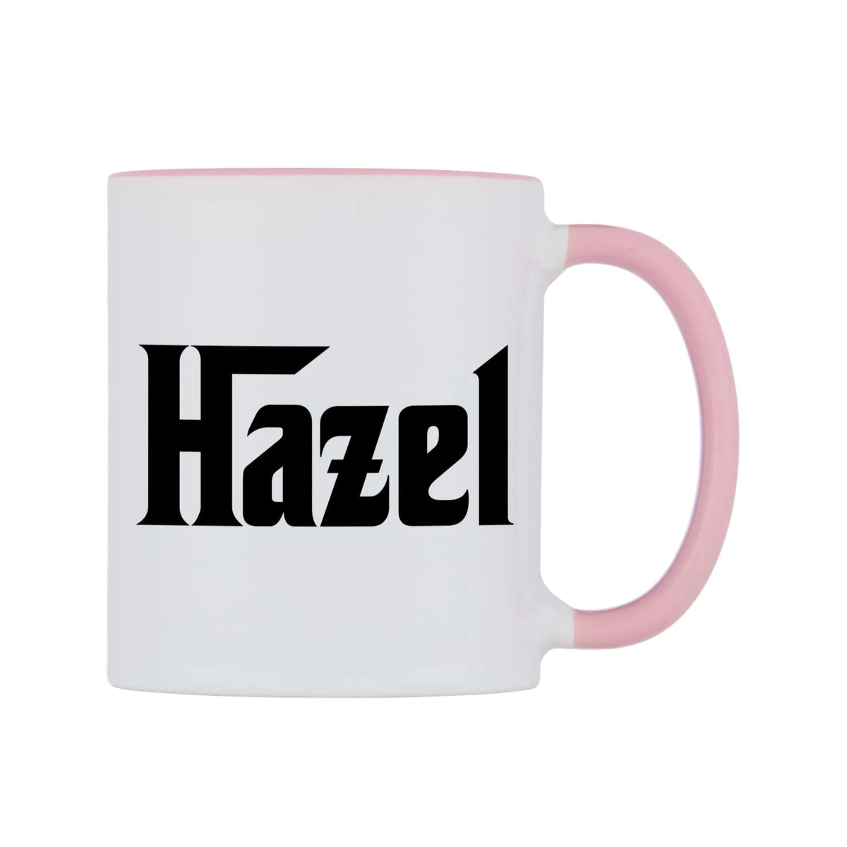 Hazel - Godfather Themed Mug — white 11oz gloss mug with a pink inside and handle, left side, on a white background
