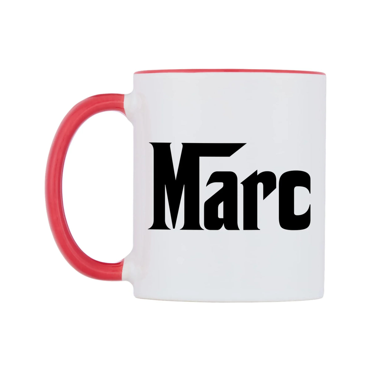 Marc - Godfather Themed Mug — white 11oz gloss mug with a red inside and handle, right side, on a white background