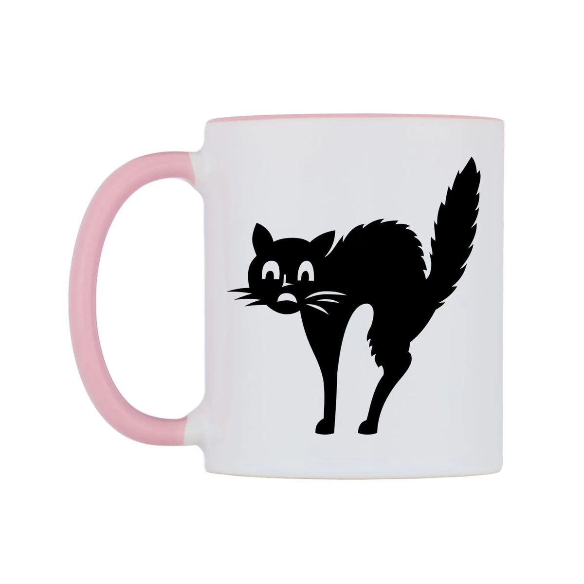 Scared Black Cat Mug — white 11oz gloss mug with a pink inside and handle, right side, on a white background