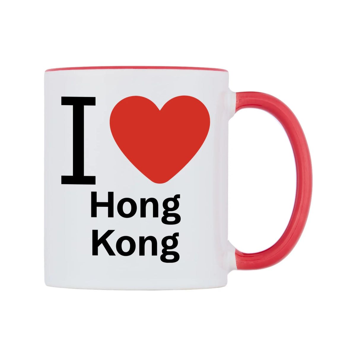 I Love Hong Kong Mug — white 11oz gloss mug with a red inside and handle, left side, on a white background