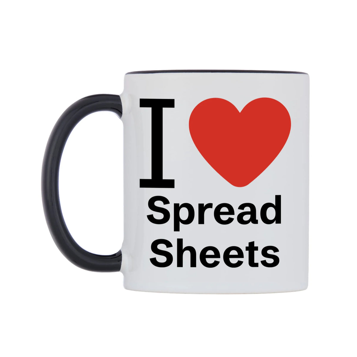 I Love Spread Sheets Mug — white 11oz gloss mug with a black inside and handle, right side, on a white background