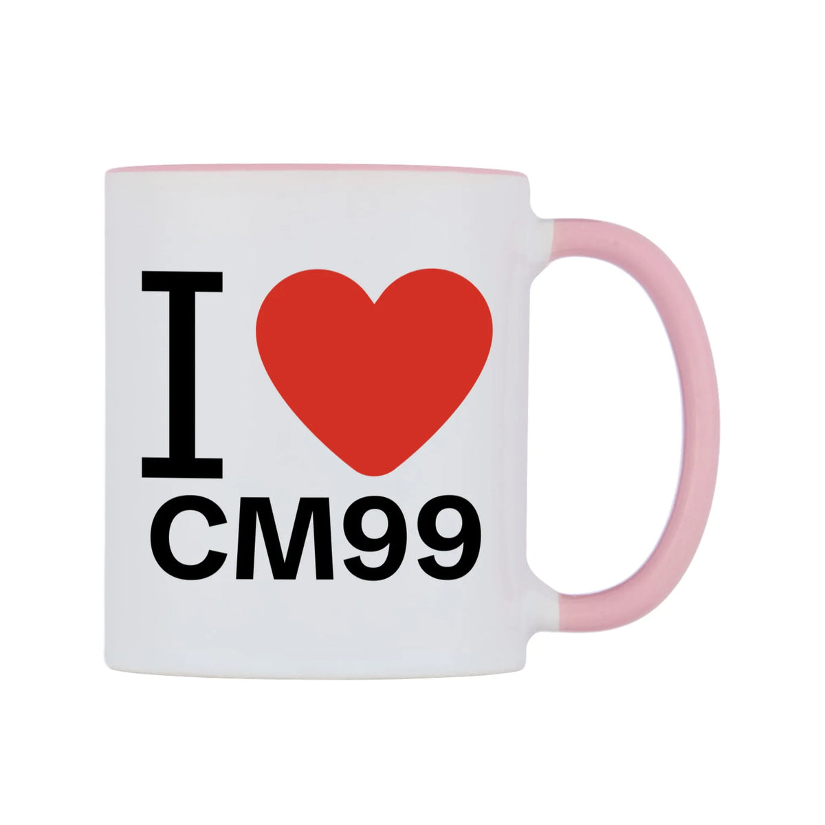 I Love CM99 Mug — white 11oz gloss mug with a pink inside and handle, left side, on a white background