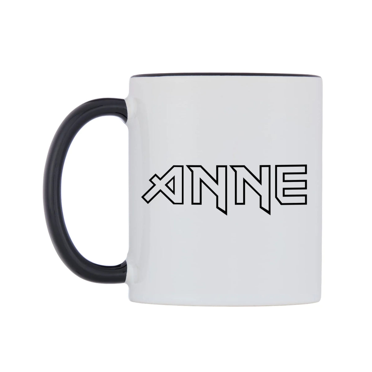Anne - Iron Maiden Themed Mug — white 11oz gloss mug with a black inside and handle, right side, on a white background